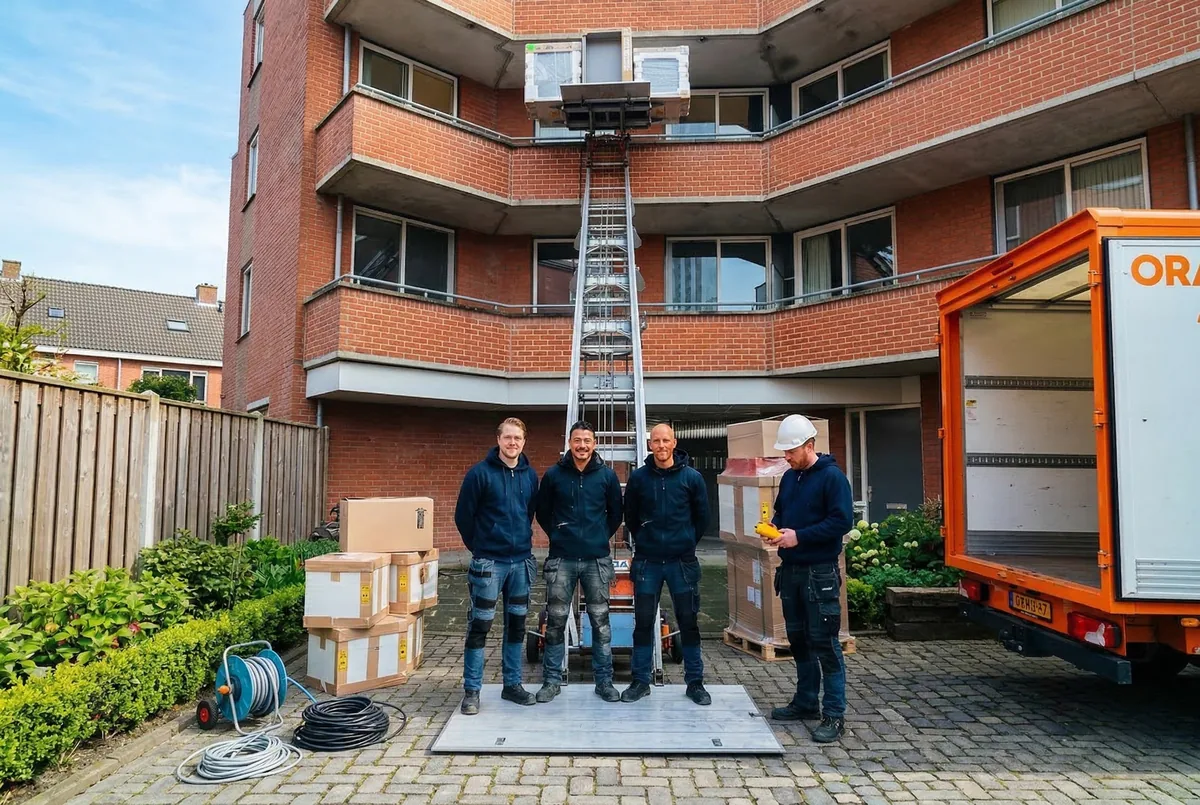 Verhuisteam aan het werk met gedalift bij appartement in Breda